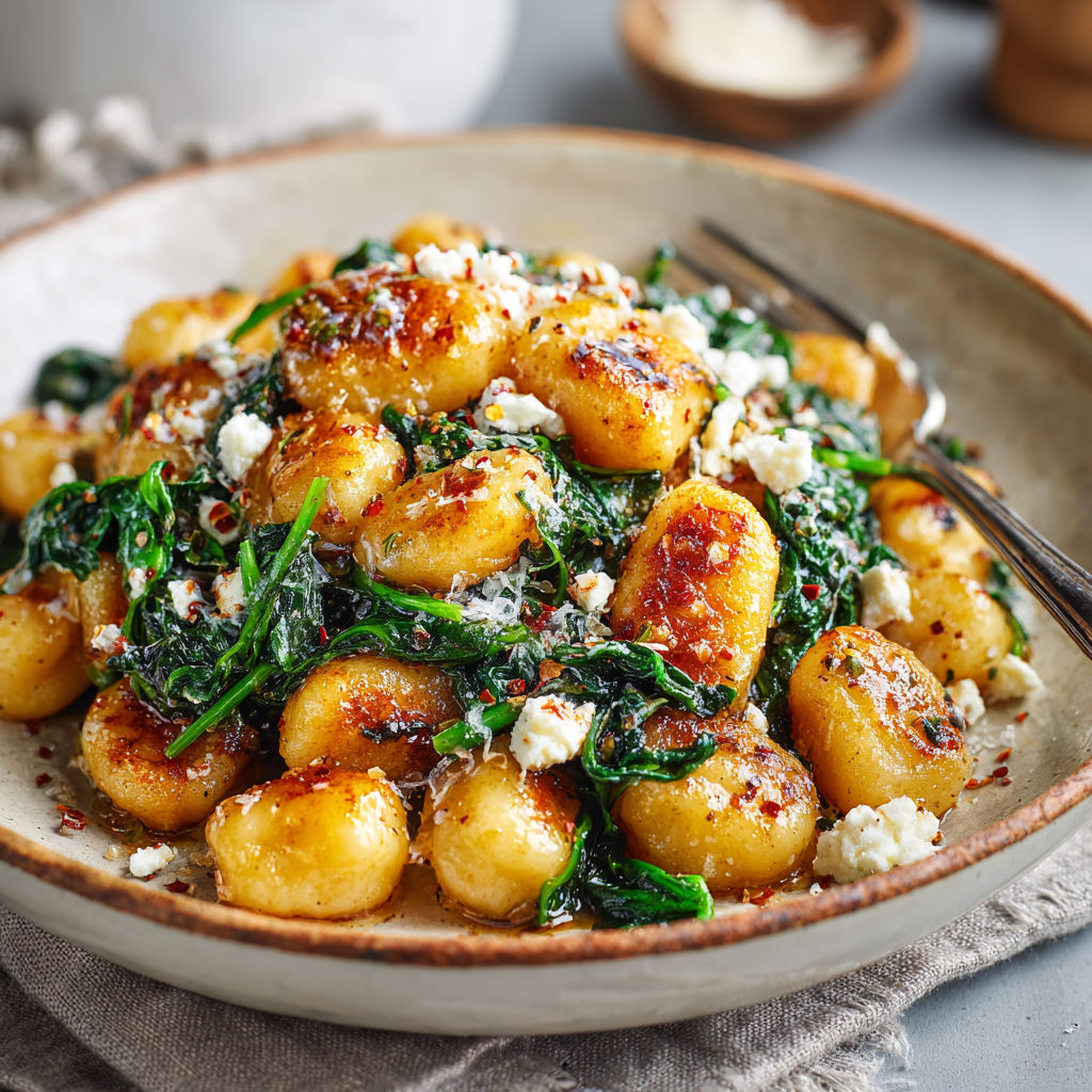 A dish of crispy gnocchi with spinach and feta.