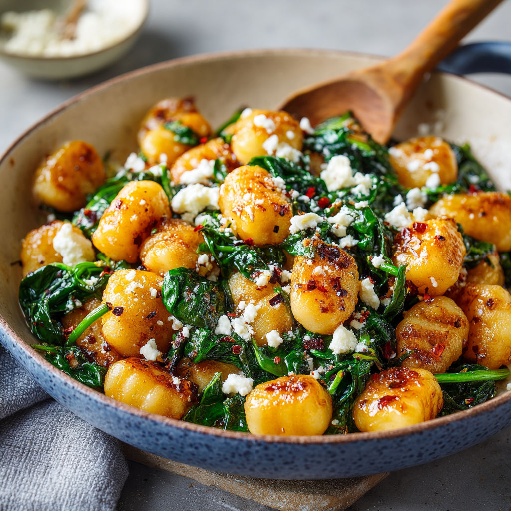 A bowl of gnocchi with spinach and feta.