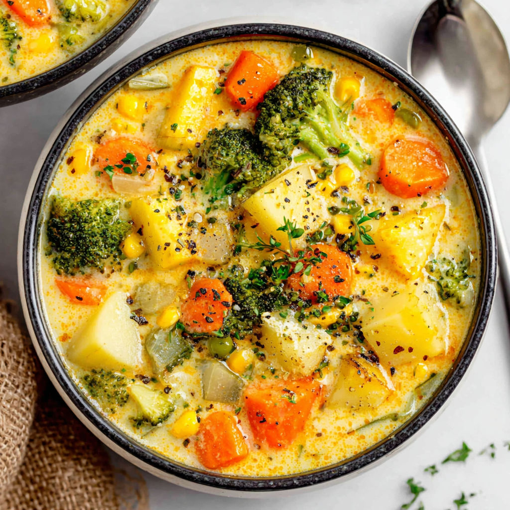 A bowl of soup with broccoli and carrots.
