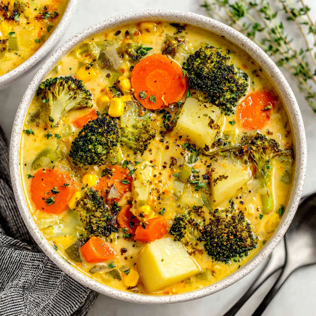 A bowl of soup with broccoli and carrots.