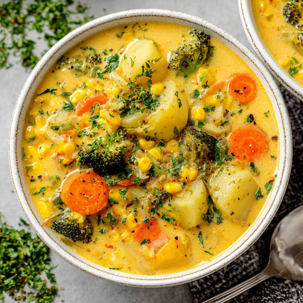A bowl of soup with broccoli, carrots, and corn.