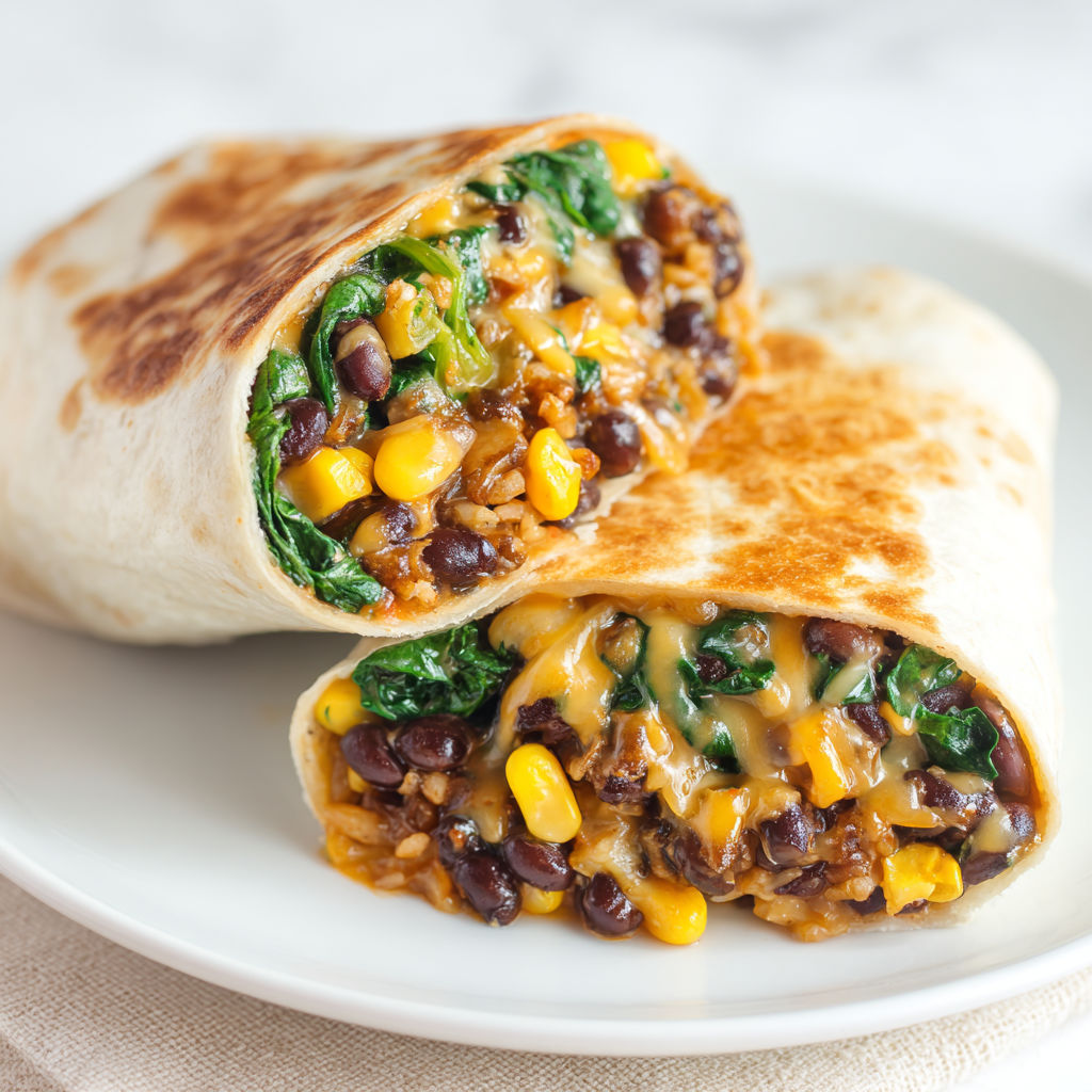 A plate with two burritos filled with black beans and spinach.