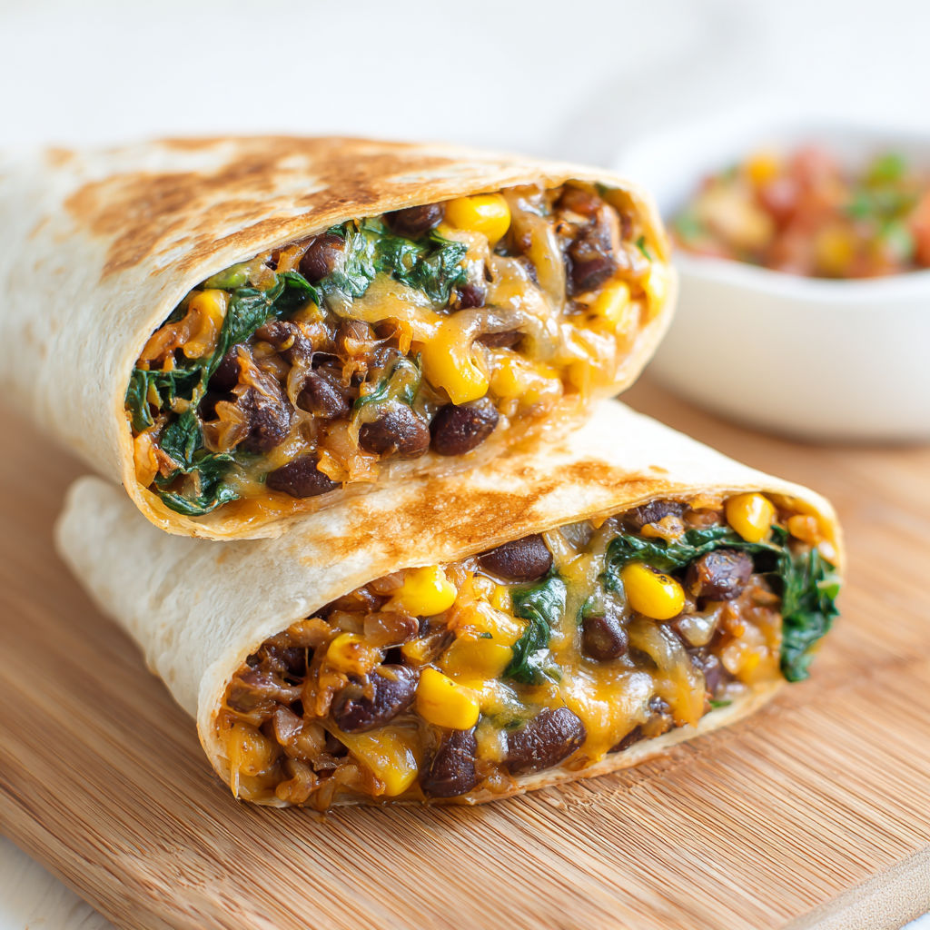 A burrito with black beans and spinach.