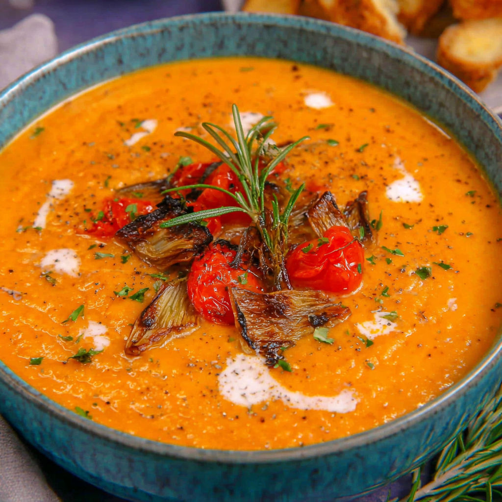 A bowl of roasted vegetable soup.
