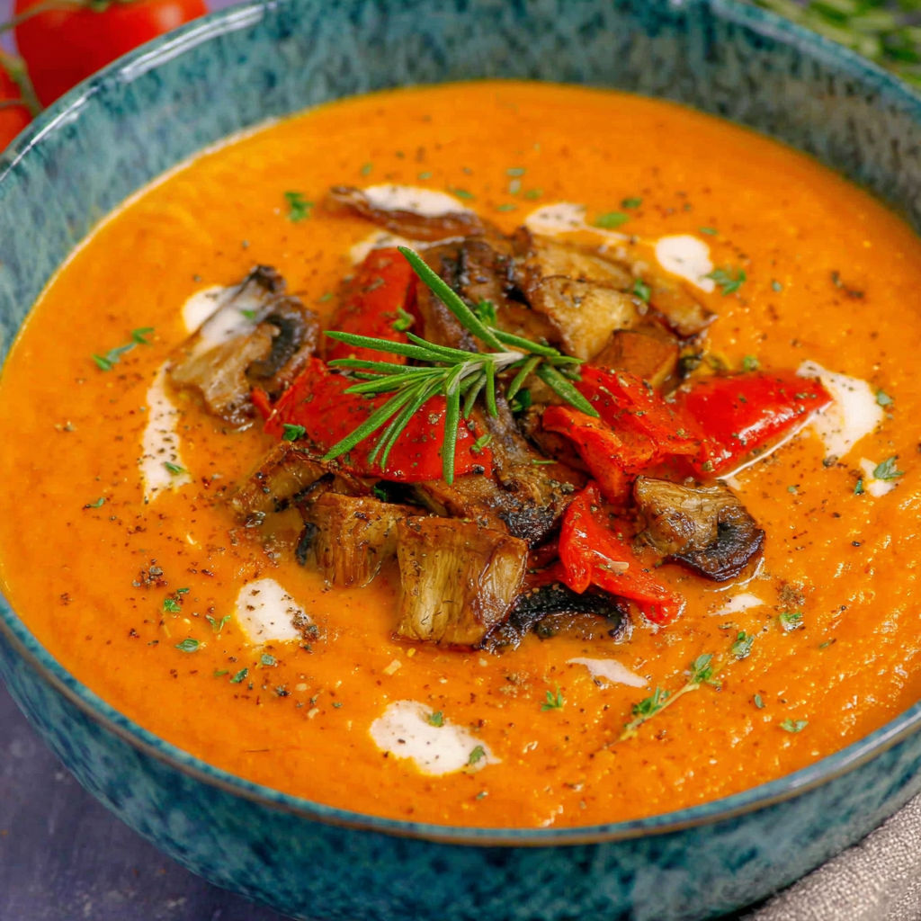 A bowl of soup with mushrooms and tomatoes.