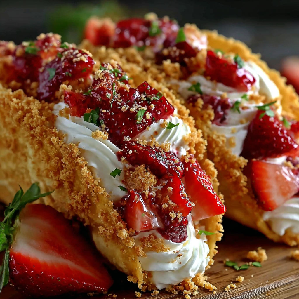 A close up of a strawberry crunch cheesecake taco.