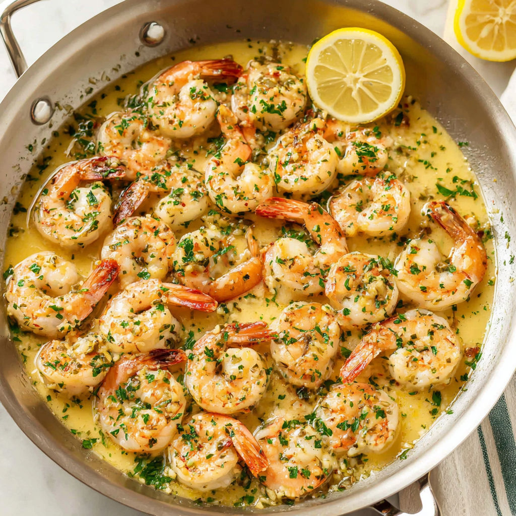 A pan of shrimp with lemon wedges on top.