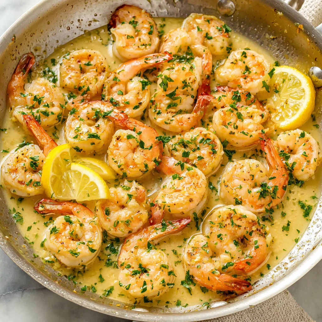 A pan of shrimp and lemon.
