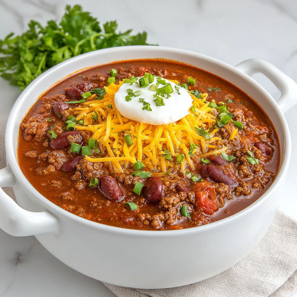 A bowl of chili with a dollop of sour cream on top.
