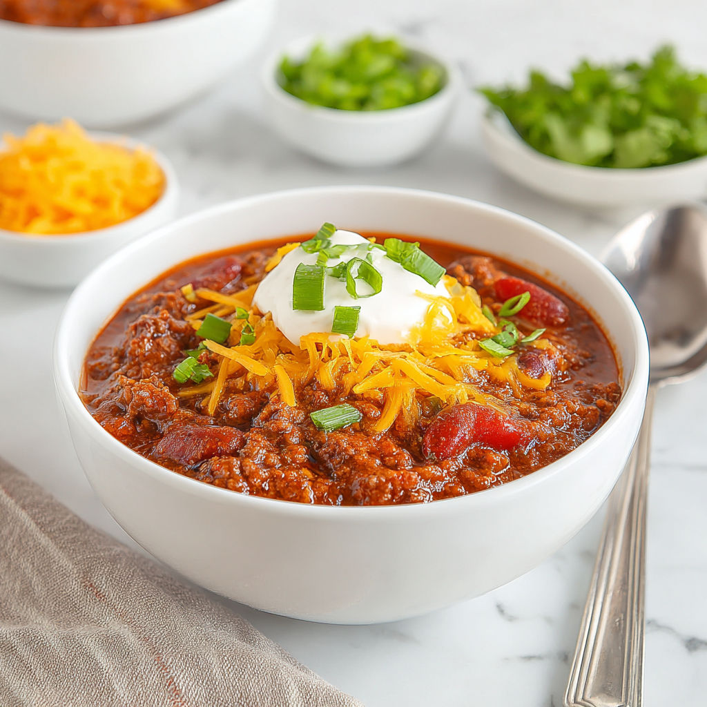 A bowl of chili with a dollop of sour cream on top.