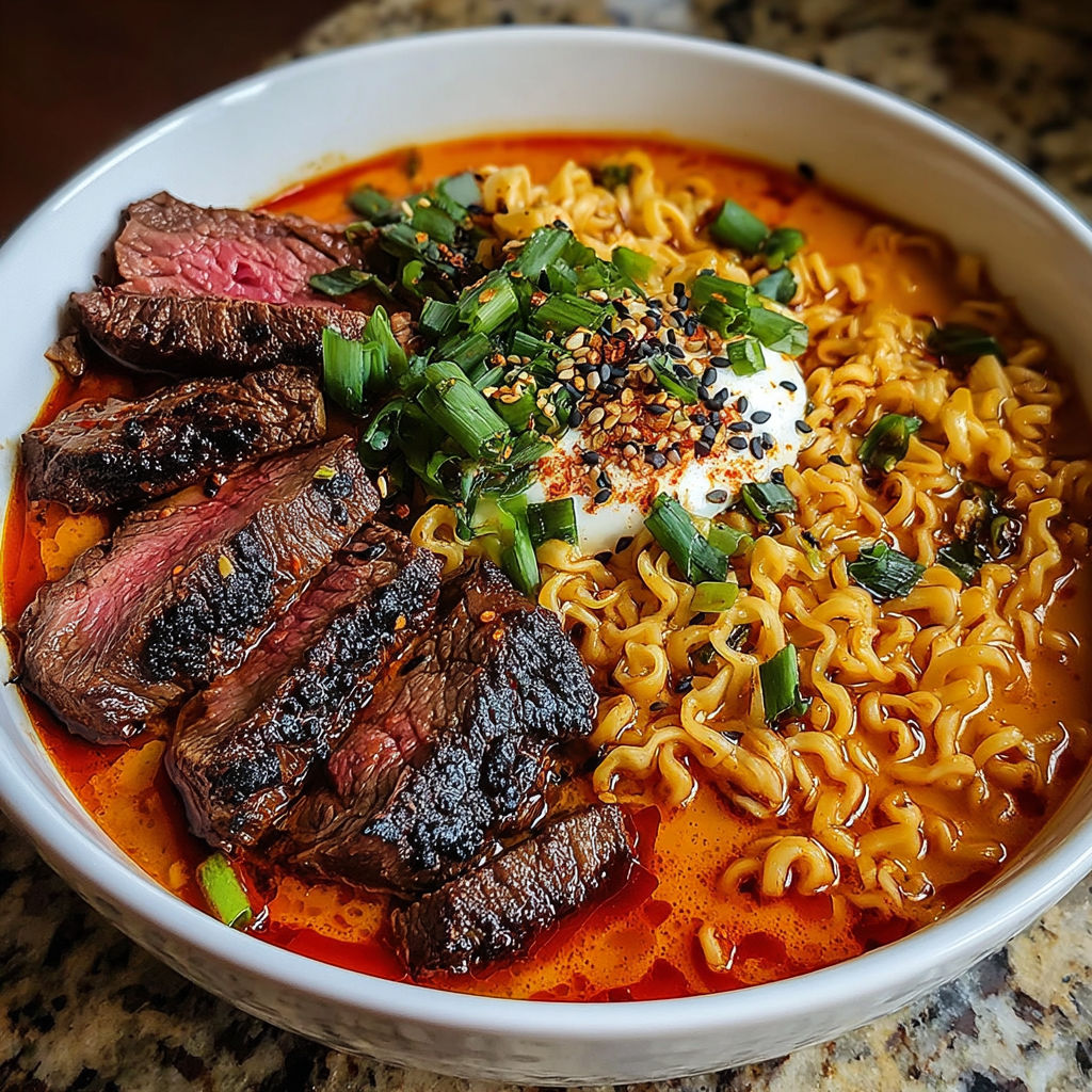 A bowl of spicy Korean ramen with grilled beef and creamy sauce.