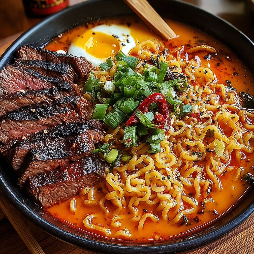 A bowl of spicy Korean ramen with grilled beef and creamy sauce.