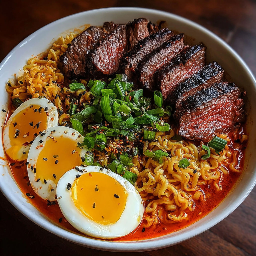 A bowl of spicy Korean ramen with grilled beef and creamy sauce.