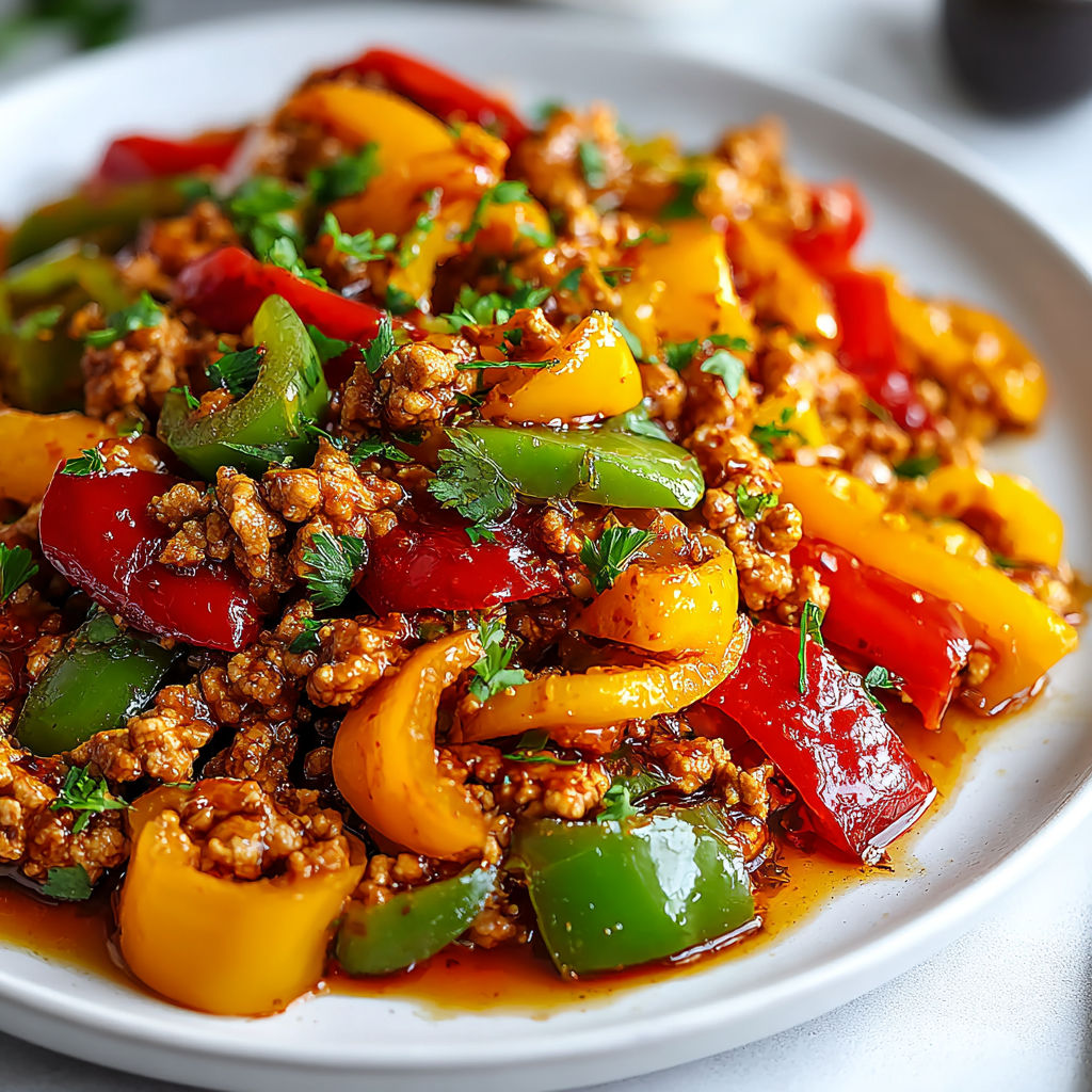 A plate of ground turkey and peppers.