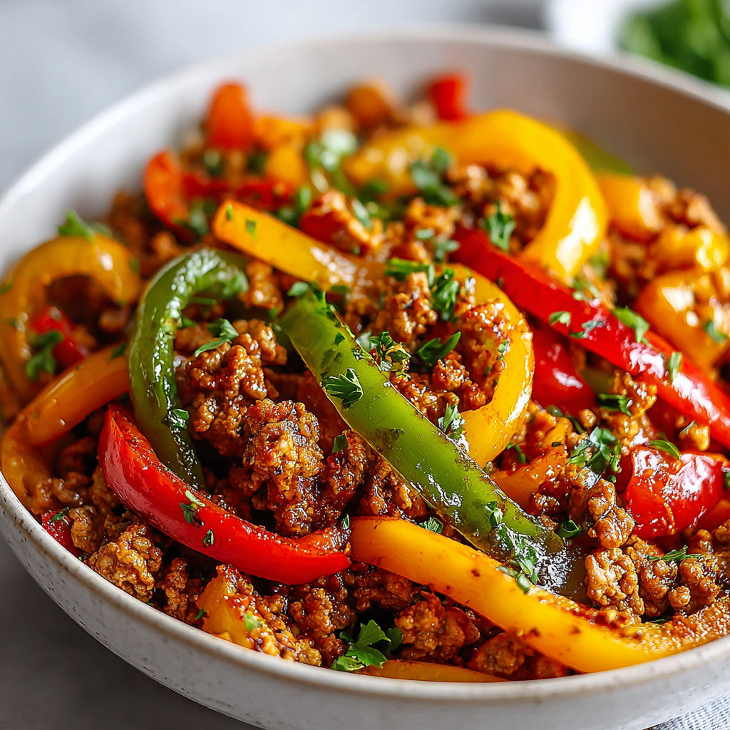 A bowl of ground turkey and peppers.