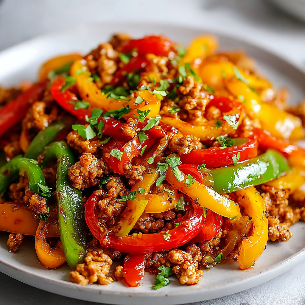 A plate of ground turkey and peppers.