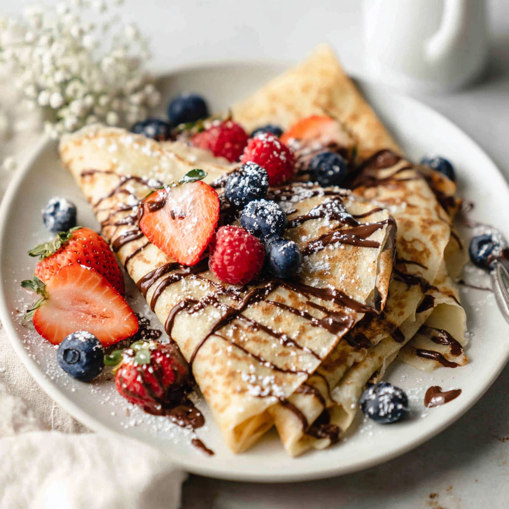 A plate of crepes with Nutella and strawberries.