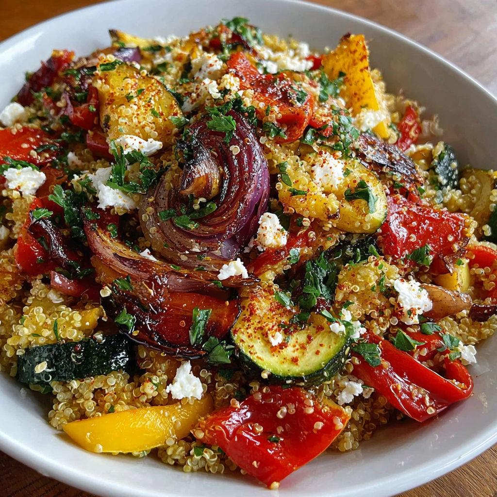 A bowl of food with a variety of vegetables and quinoa.