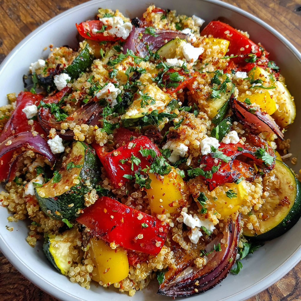 A bowl of quinoa salad with roasted vegetables.
