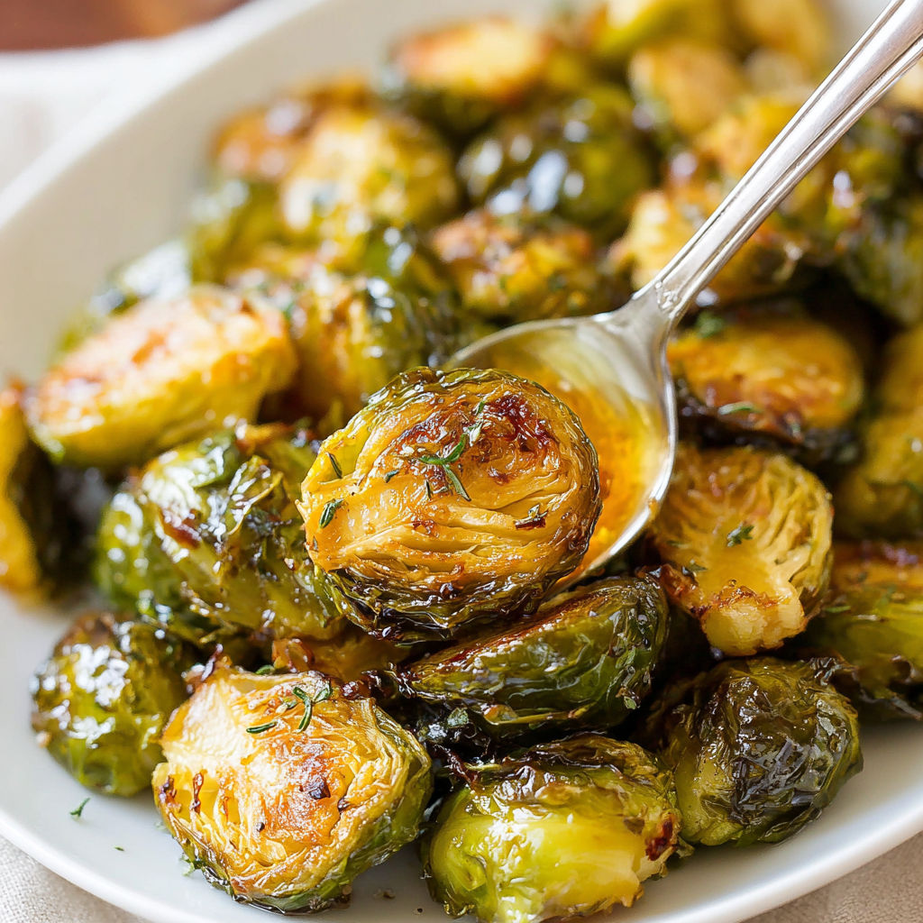 A plate of Brussels sprouts with honey balsamic glaze.
