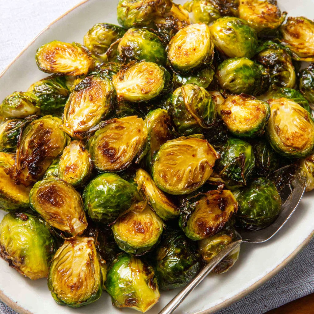 A plate of cooked Brussels sprouts.