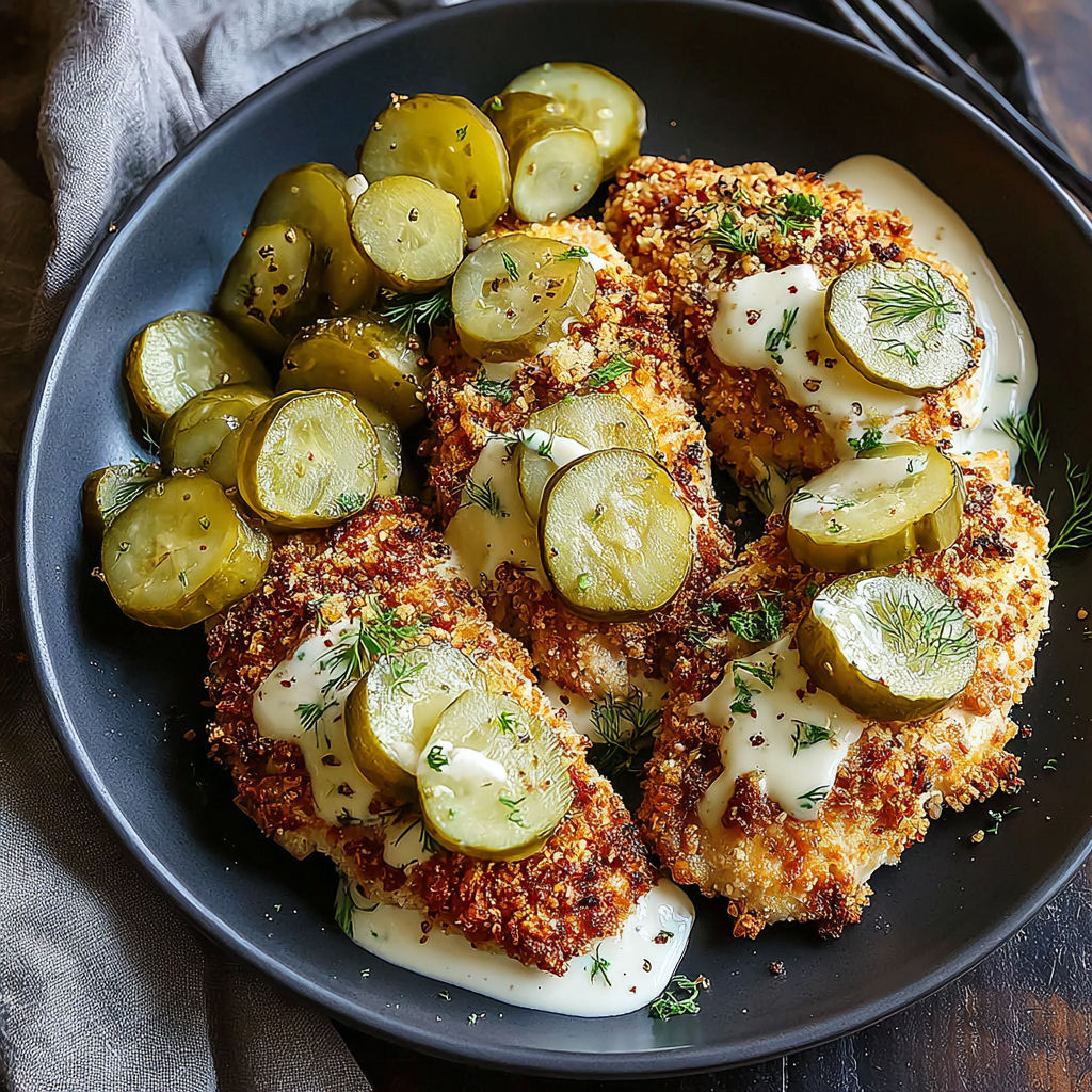 A plate of dill pickle parmesan chicken.
