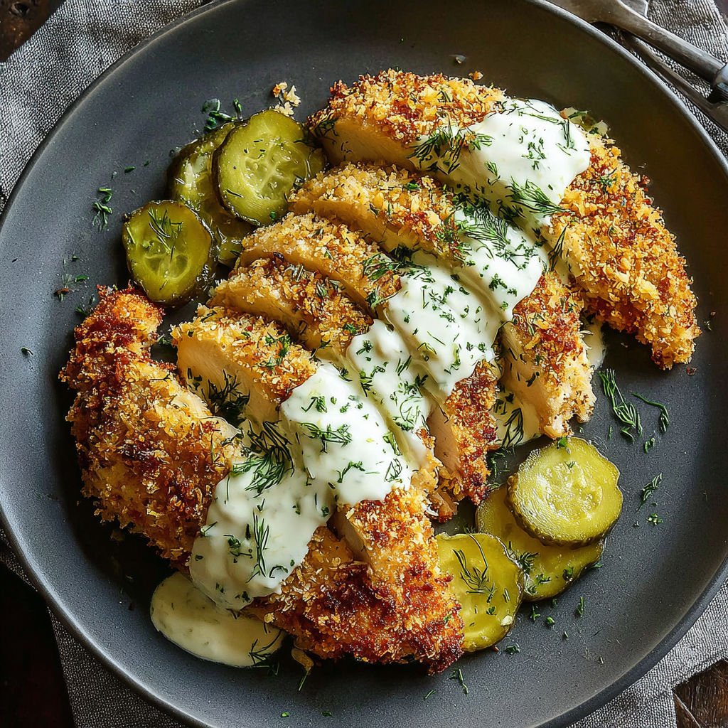 A plate of chicken with pickles and Parmesan cheese.