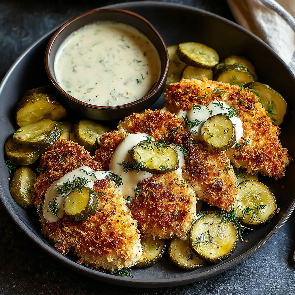 A plate of dill pickle parmesan chicken.