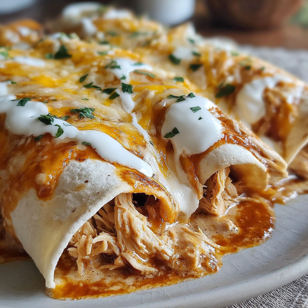 A plate of chicken enchiladas with white sauce.