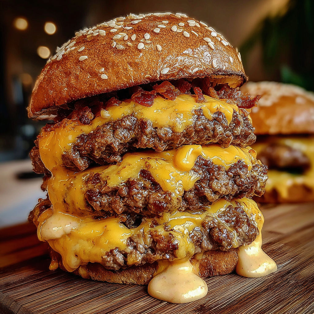 A large burger with cheese and bacon on top.
