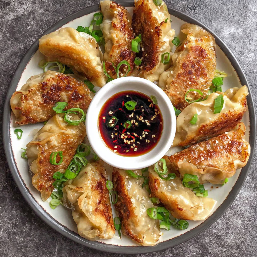 A plate of chicken potstickers with a dipping sauce.