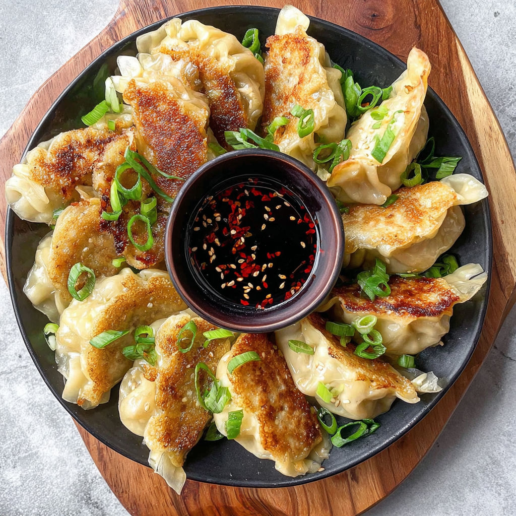 A plate of chicken potstickers with a bowl of sauce.