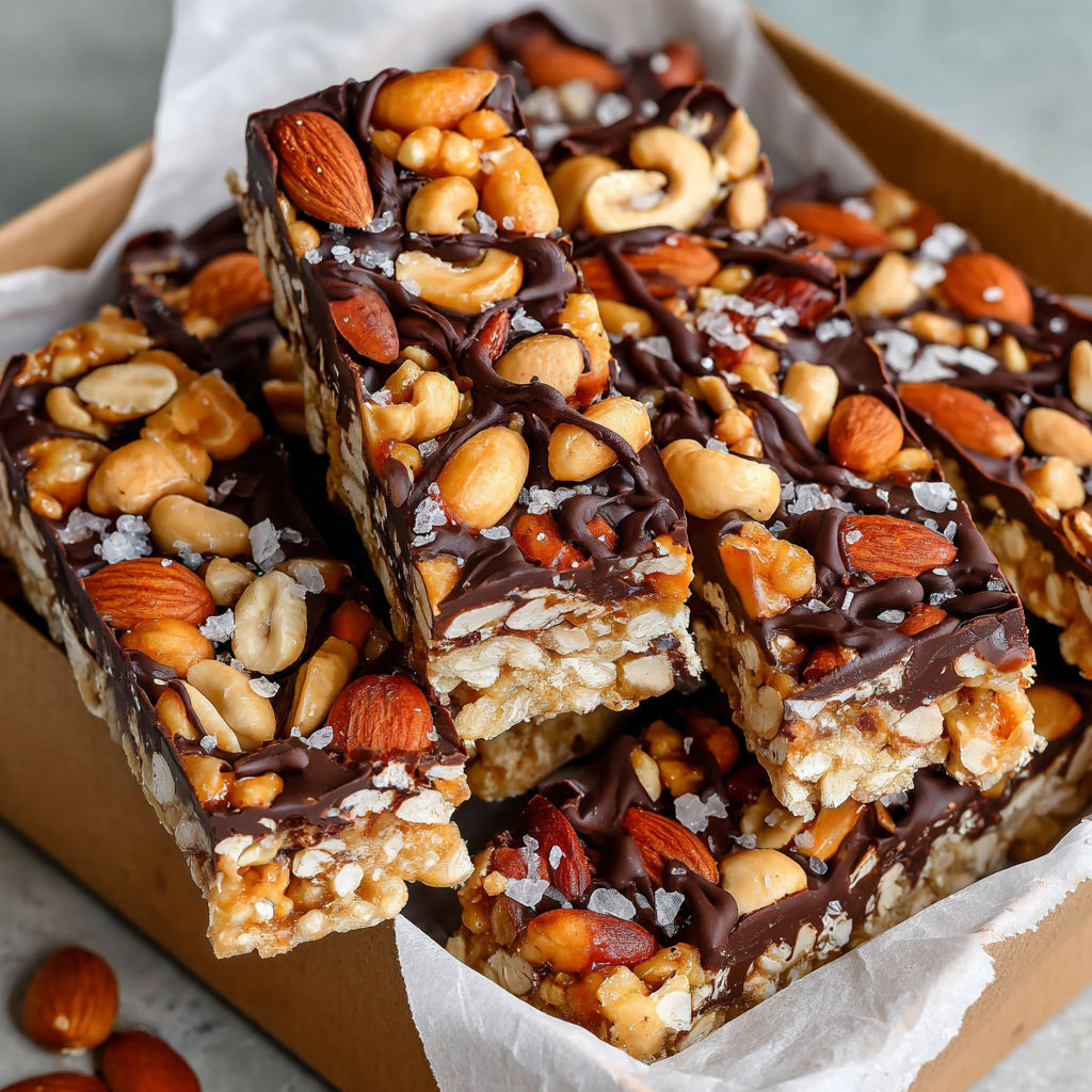 A box of dark chocolate and sea salt nut bars.