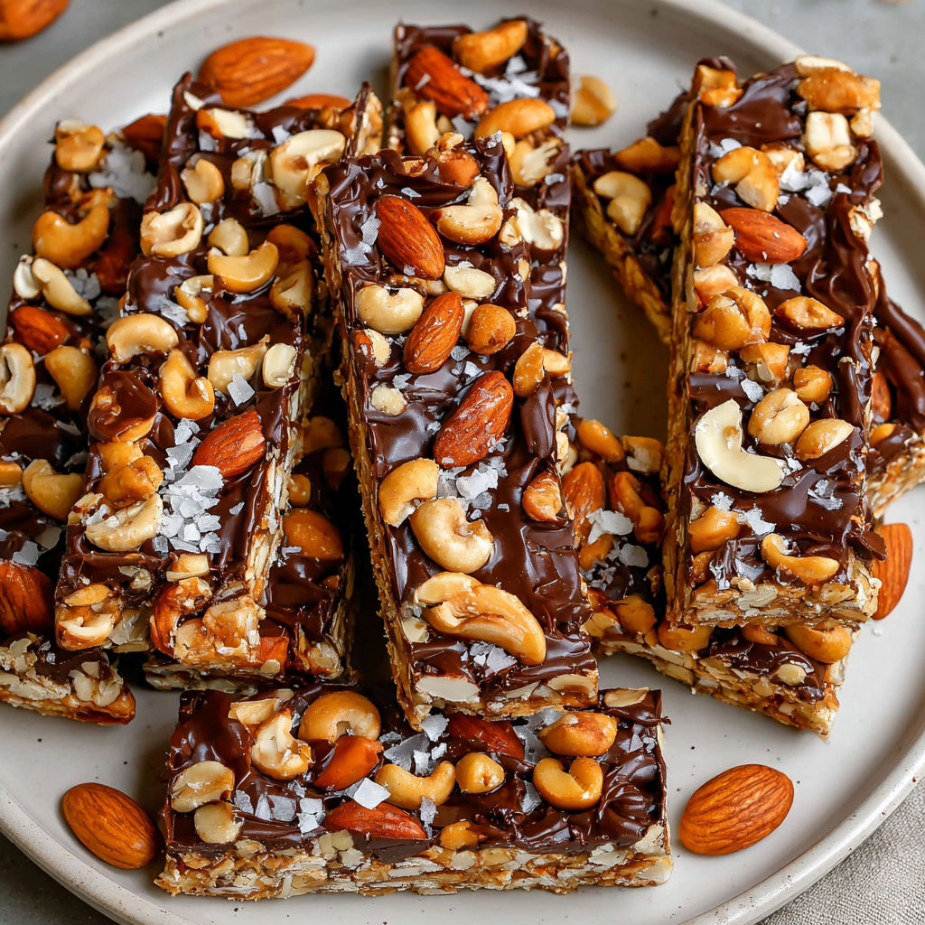 A plate of dark chocolate and sea salt nut bars.