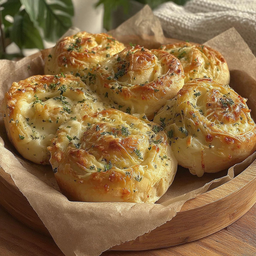 A plate of garlic rolls with cheese.