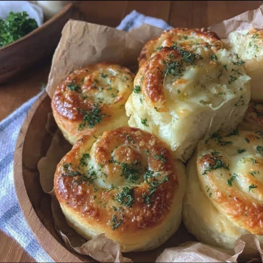 A plate of garlic rolls with cheese on top.