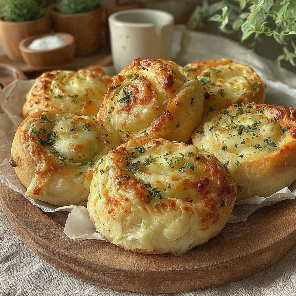 A plate of garlic rolls with cheese.