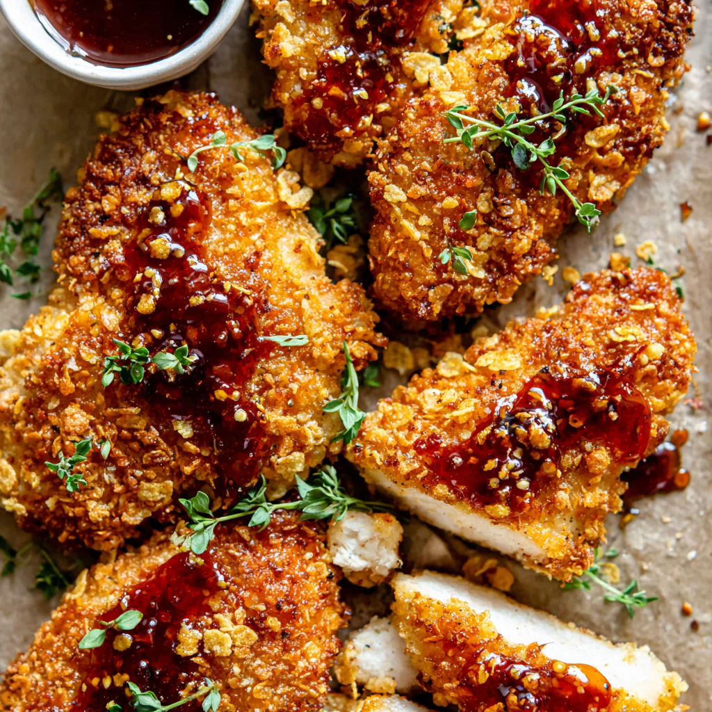 Baked crunchy hot honey chicken.