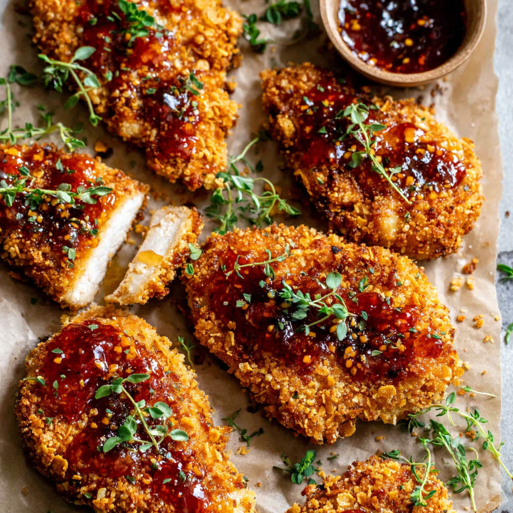 Baked crunchy hot honey chicken.