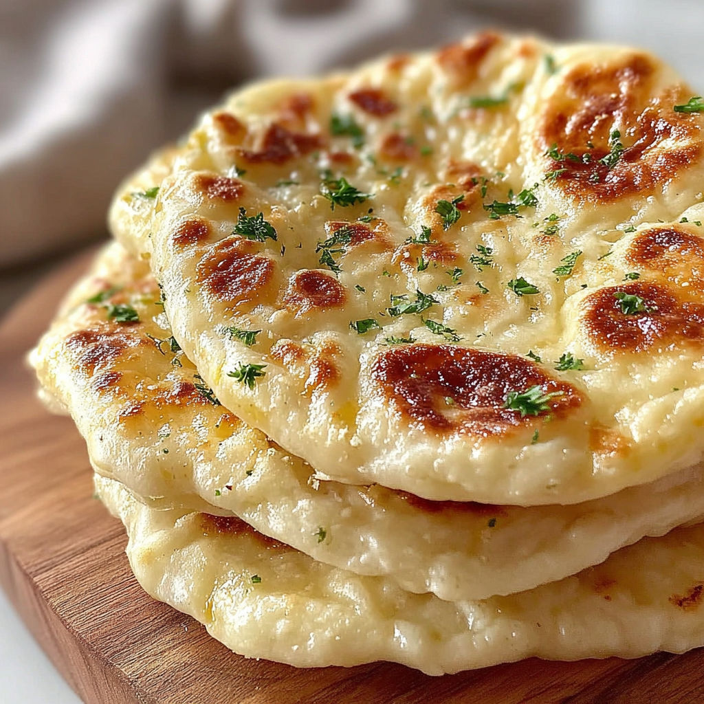 A stack of three flatbreads with herbs on top.