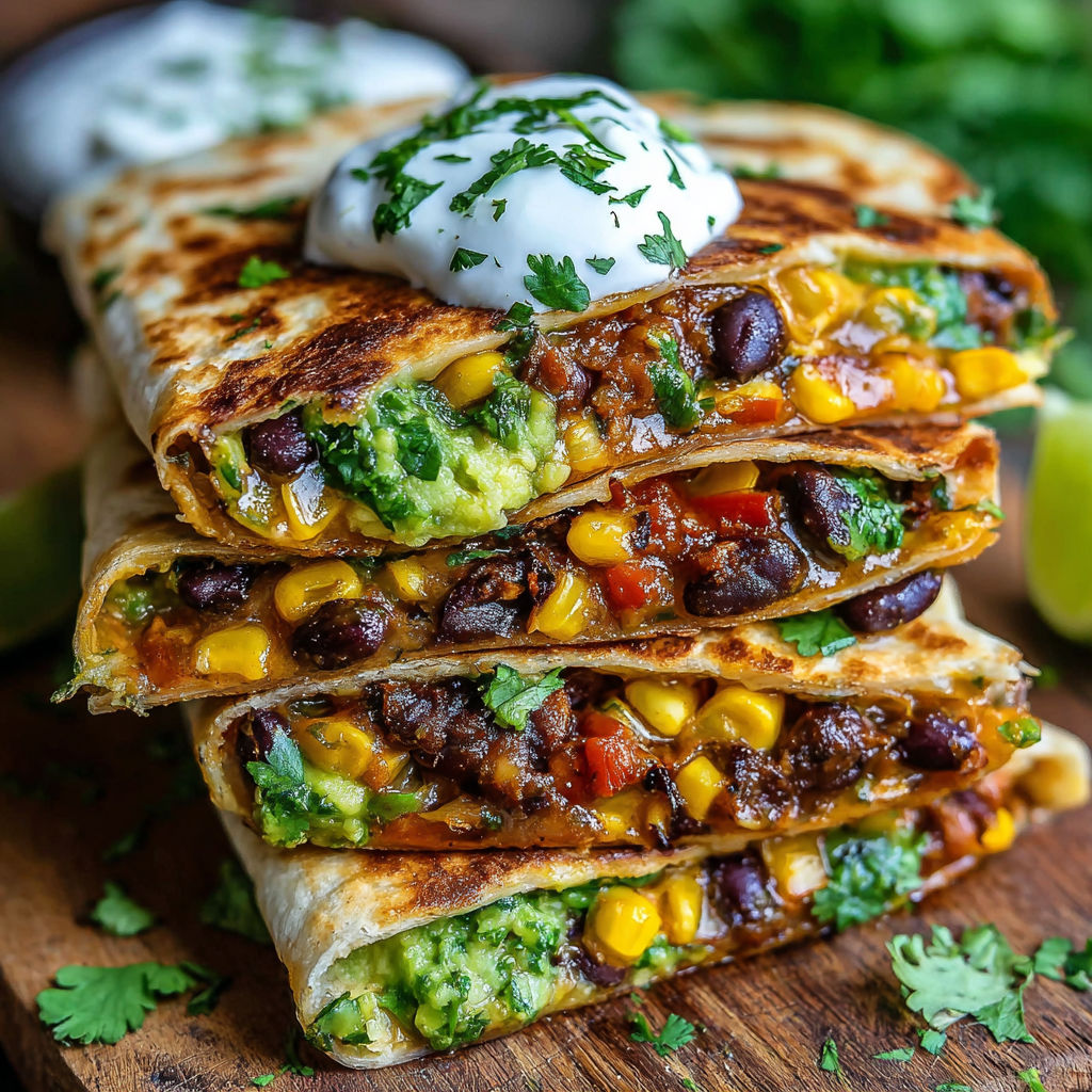 A stack of burritos with sour cream and guacamole.