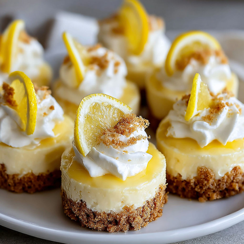 A plate of mini lemon cheesecakes with white whipped cream.