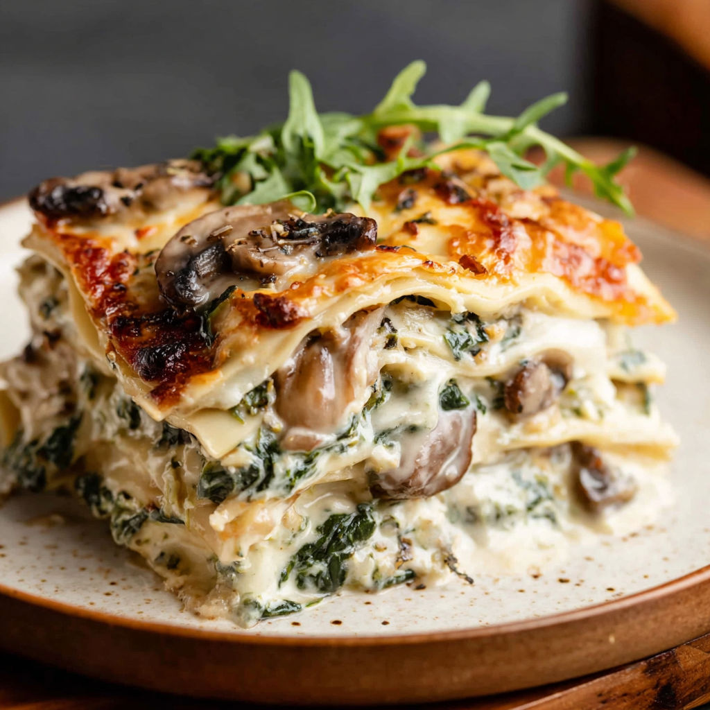 A large lasagna with mushrooms and spinach on top.