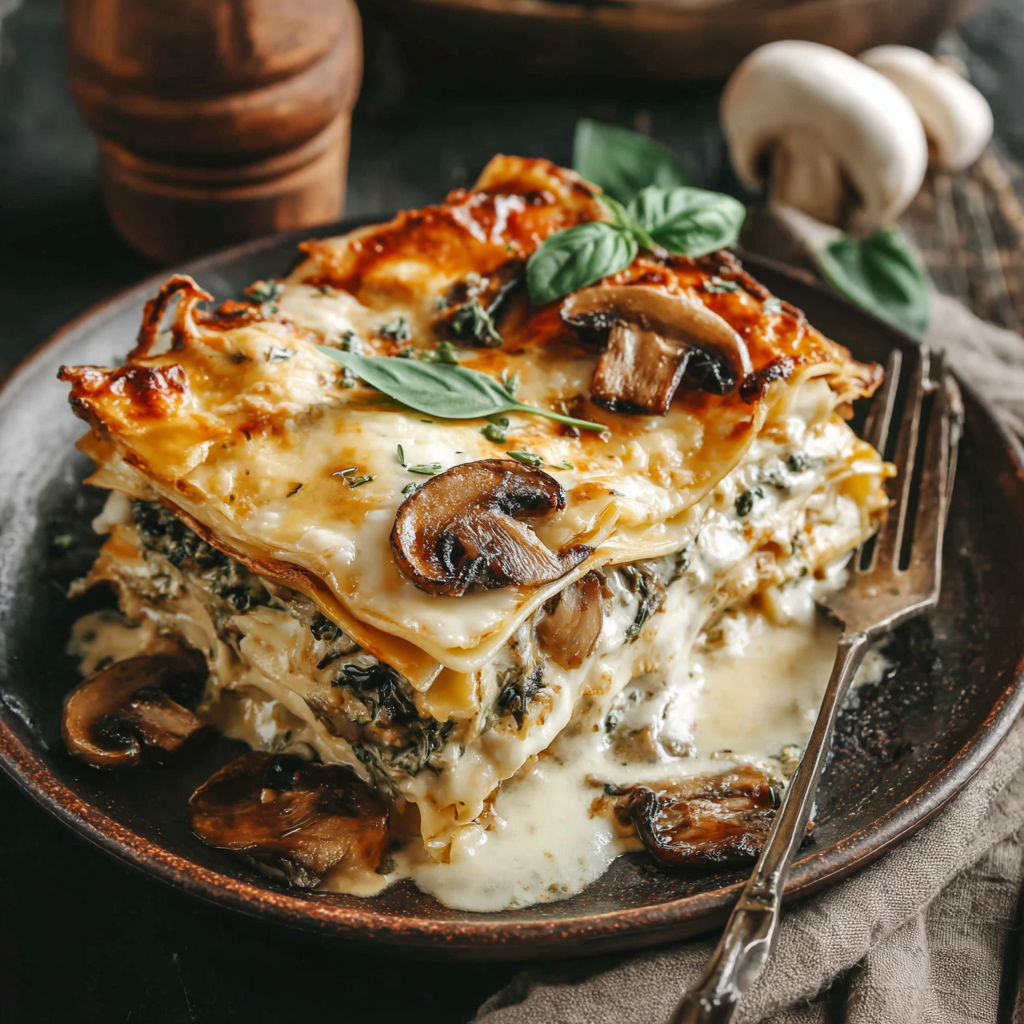 A delicious mushroom and spinach lasagna recipe.