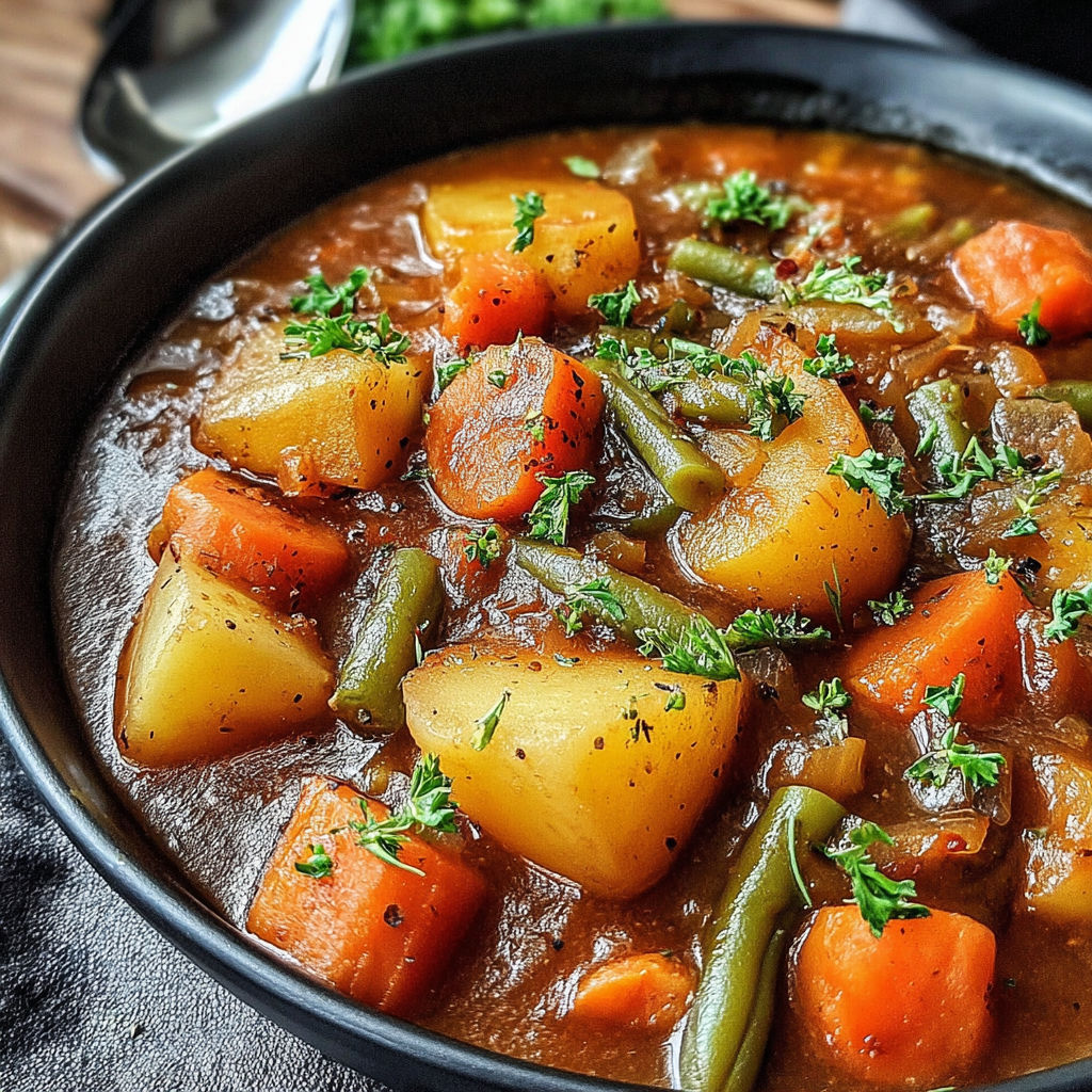 A bowl of stew with carrots and green beans.
