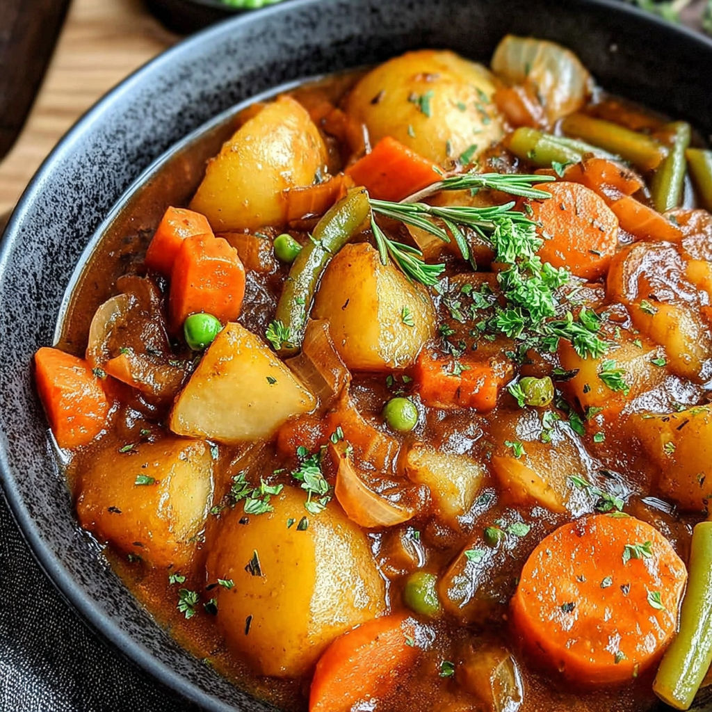 A bowl of Irish vegetarian stew with carrots and potatoes.