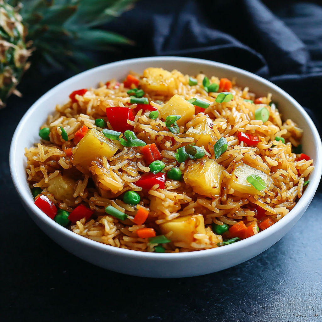 A bowl of rice with vegetables and pineapple.