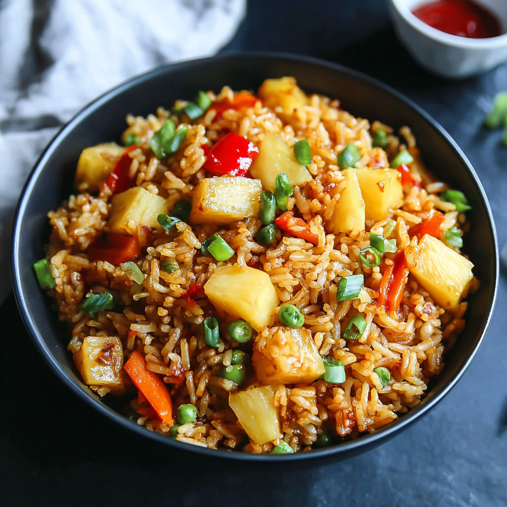 A bowl of rice with peppers and pineapple.