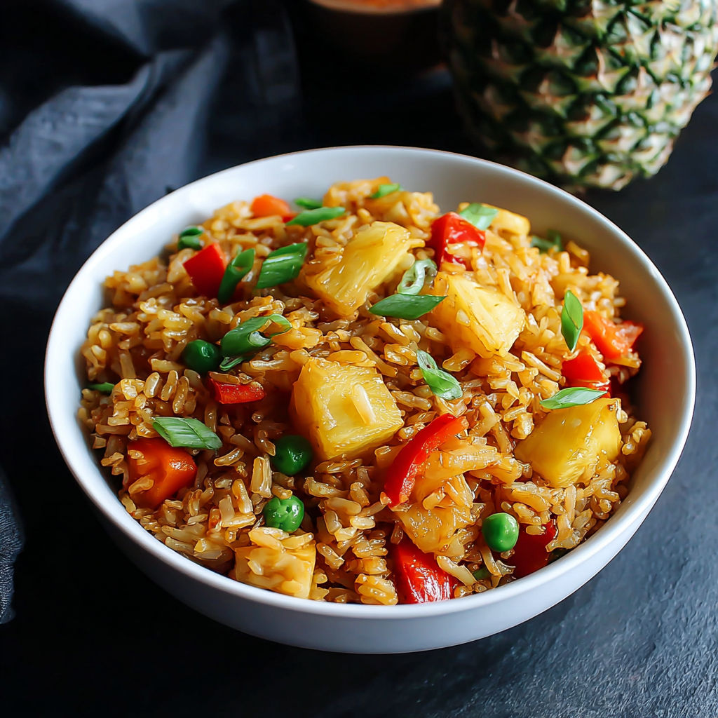A bowl of rice with vegetables and pineapple.