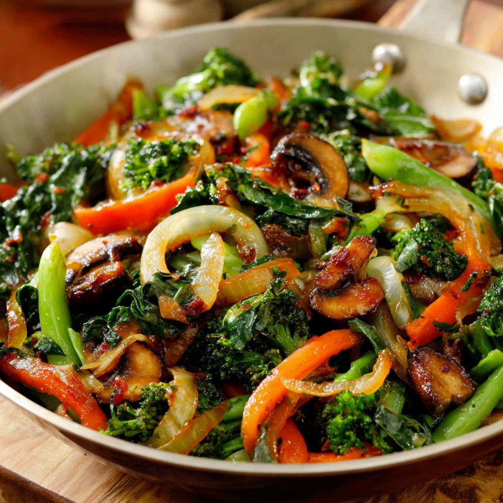 A pan of sautéed vegetables, including broccoli and carrots, on a wooden cutting board.